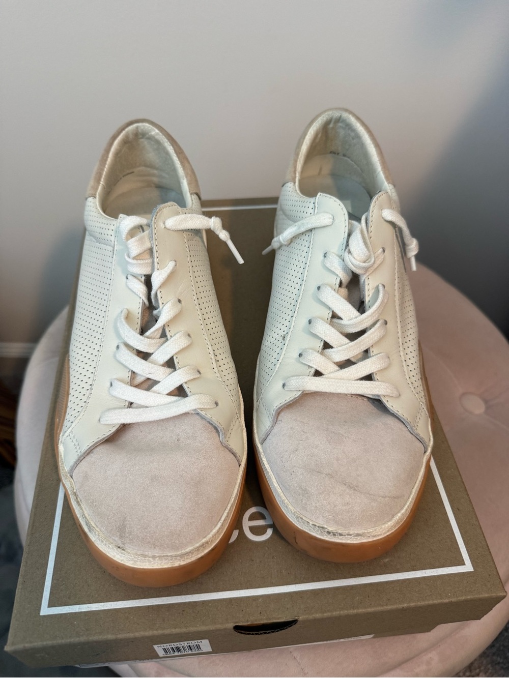 Dolce Vita White/Tan Perforated Leather Sneakers